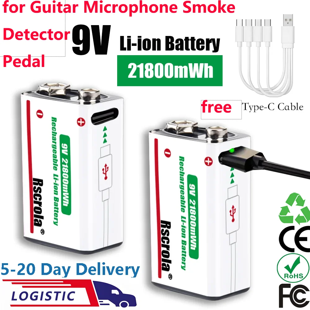 Rscrola 21800mWh 9V Lithium Rechargeable Battery with USB Charging Cable for Guitar Active Pickup,Bass,Wireless Mic,Pedal,Alarm