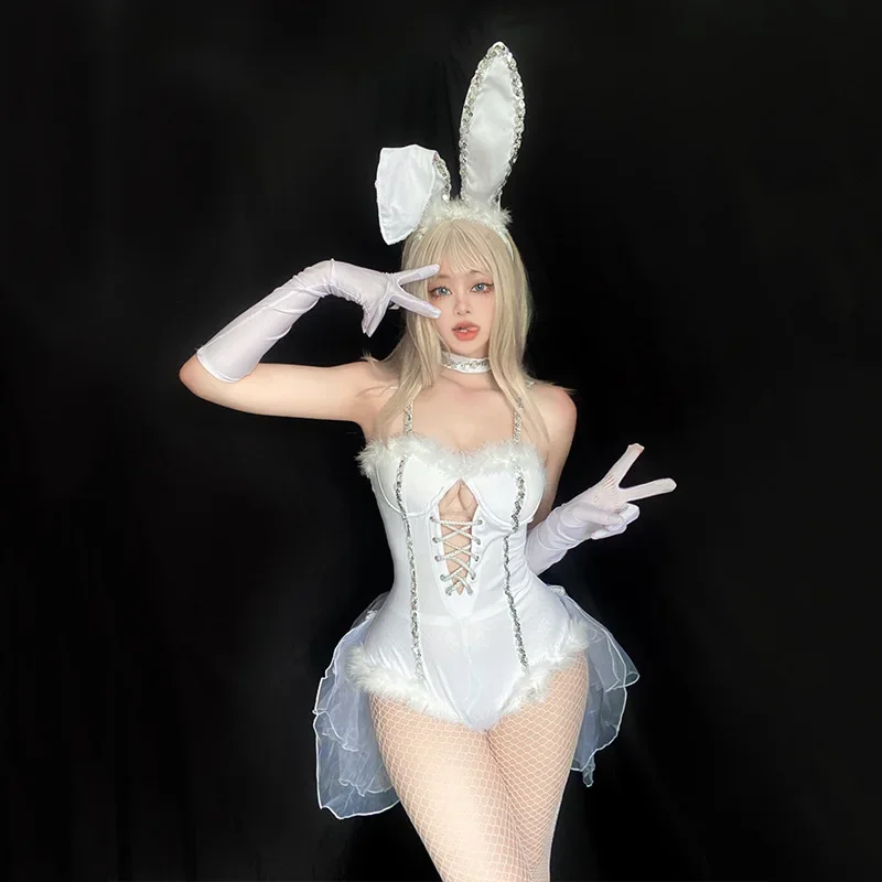 Anime Maid Cosplay Costume Women Sexy White Bodysuit Headwear Gloves Suit Bunny Girl Cute Party Uniform  Easter Costume