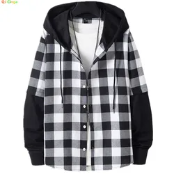 2026 Men's Black Long Sleeve Hooded Shirts, White Single Breasted Plaid Shirt, European Size S-XXL, 2025 New