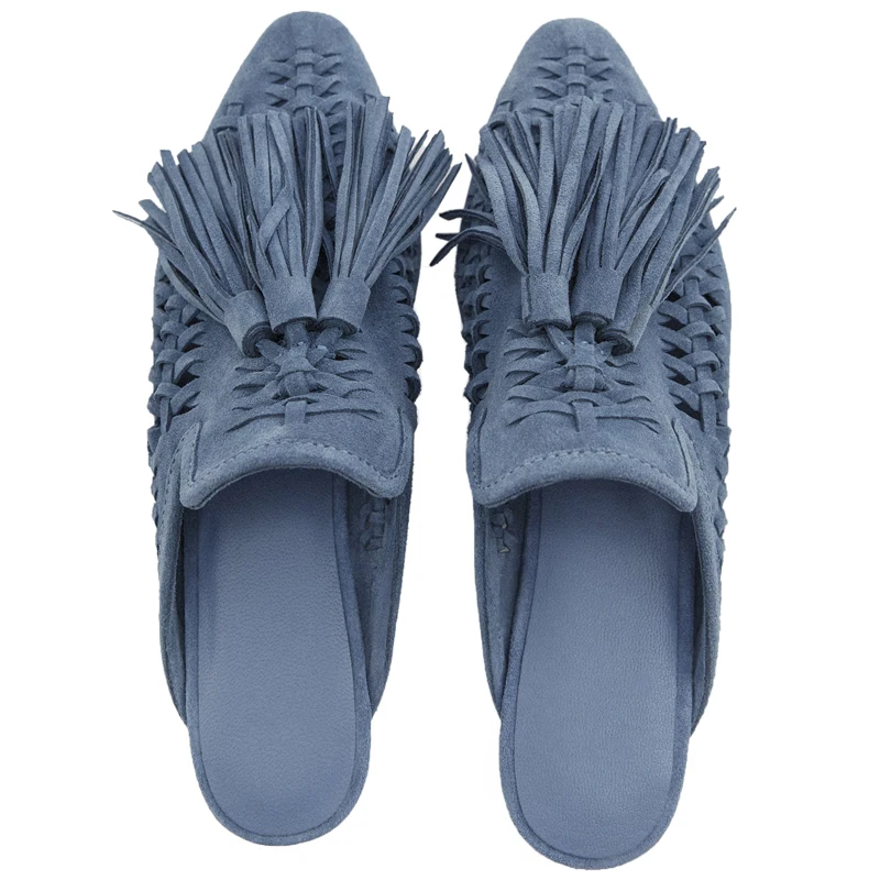 Summer Flats Slippers Shoes Woman 2024 Trend Women\'s Flat With Pointed Toe Suede Mueller Shoe Woven Tassel Roman Sandalias Mujer