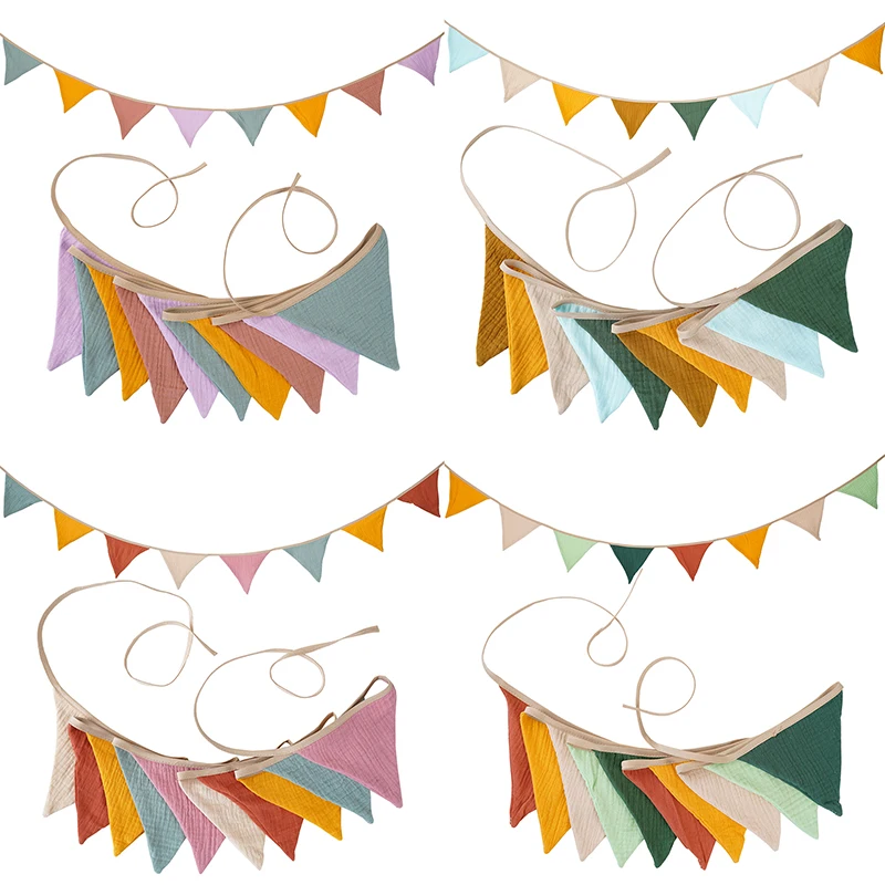 Double Layer Cotton Solid Colour Triangle Flag Birthday Party String Flag Kindergarten Home Camping Decoration Hanging Flag