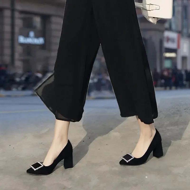 Black Office Super High Heel Block Buckle Square Heels Pointed Toe Woman Footwear Shoes for Women Shoe E on Promotion L Quality