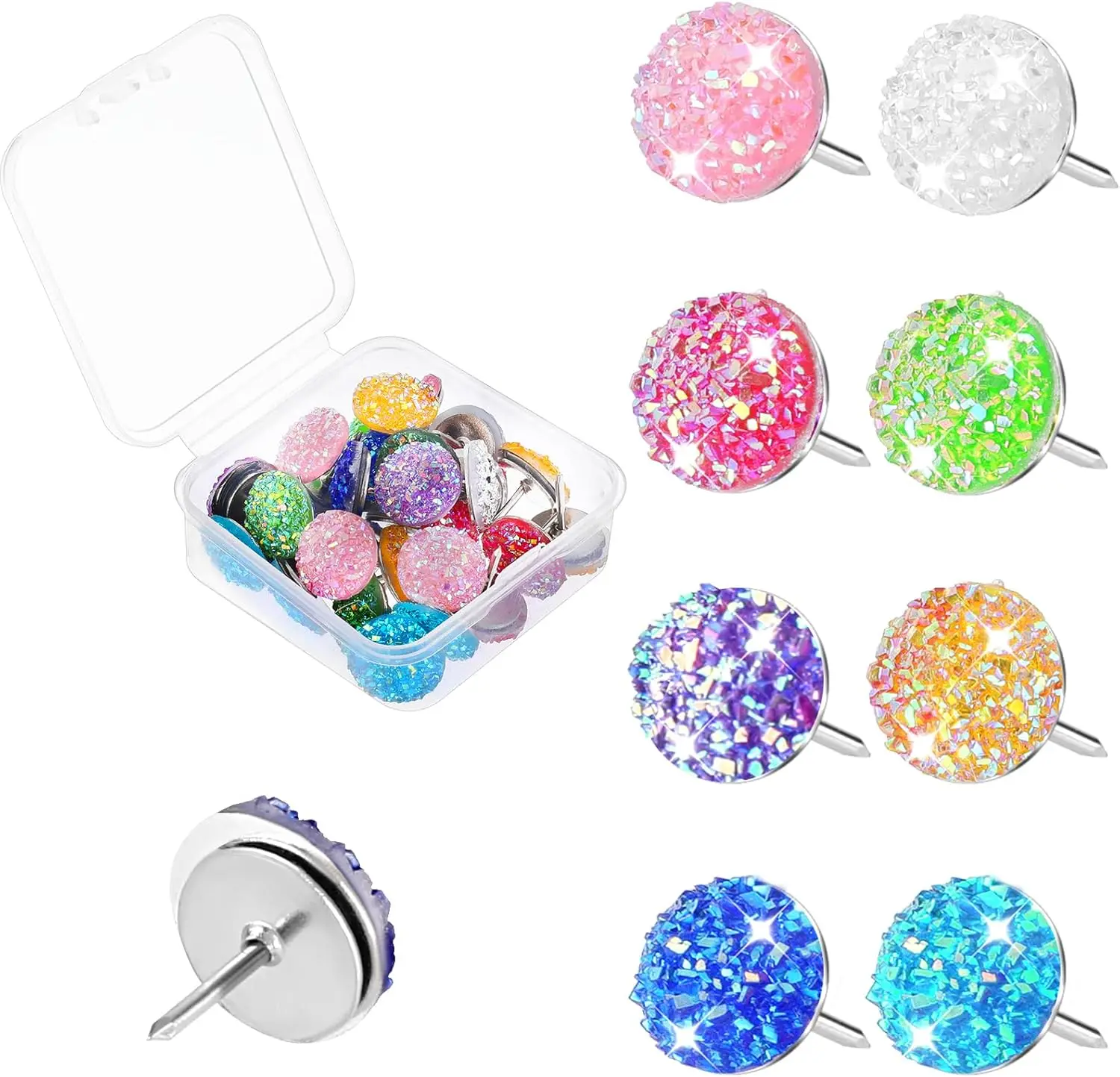 

30Pcs Glitter Rhinestone Thumb Tacks for Bulletin Board, Cute Push Pins with Box for Home Office Cork Board