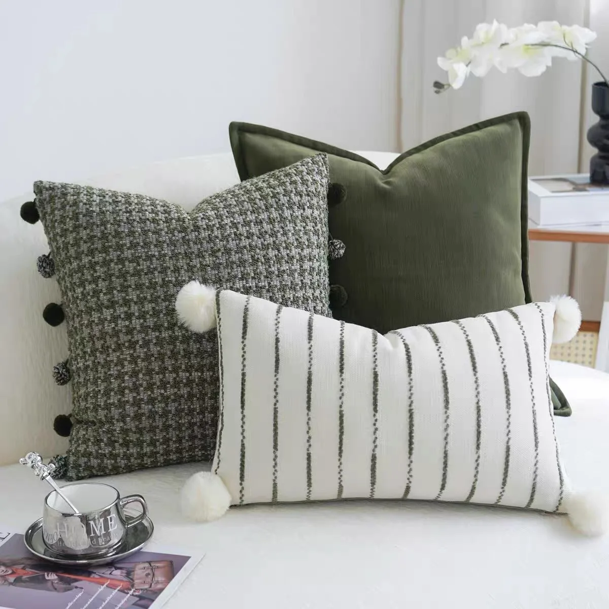Vintage Green Throw Pillow Cover Sofa Pom Pom Edge Cushion Cover Geometric Textured Lumbar Pillowcase houndstooth