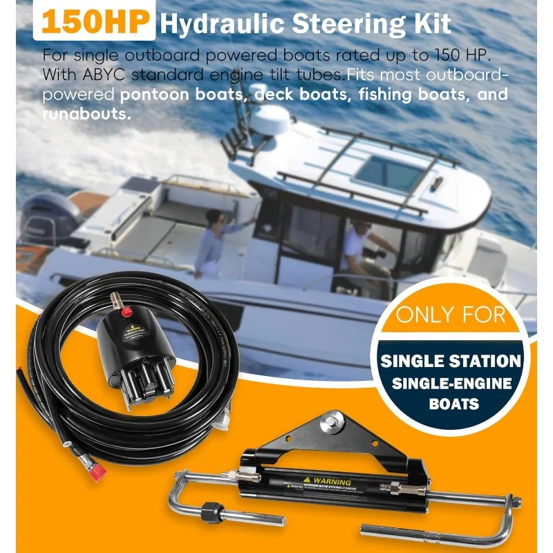 150HP Hydraulic Outboard Steering Kit Boat Marine System, Built-in Two-Way Lock Cylinder, 26ft High-Strength Nylon Hose