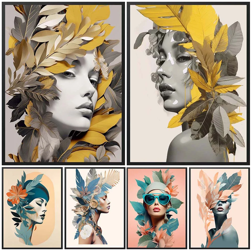 

Modern Woman Girl Portrait Leaf Plant Headwear Poster Wall Art Canvas Painting Home Decor Wall Pictures For Living Room Unframed
