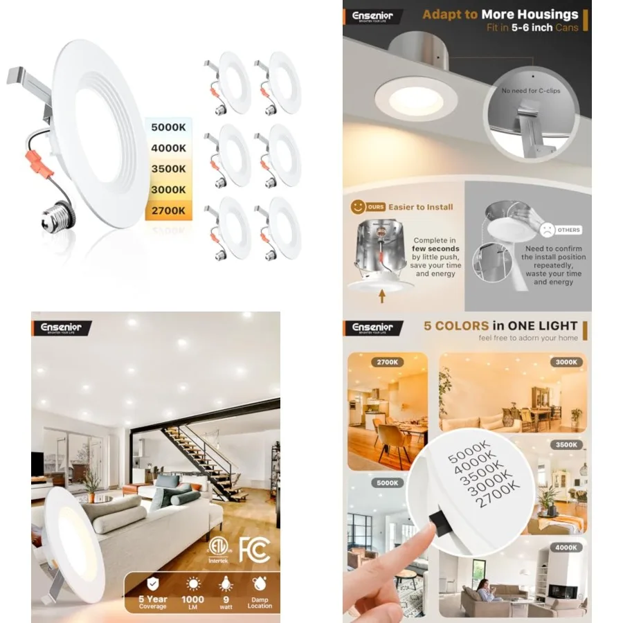 

5/ 5CCT LED Can Lights, Retrofit Led Recessed Lightg, Baffle Trim, Dimmable, 9W=110W, 1000LM, 2700K/3000K/3500K/000K/5000K Sele