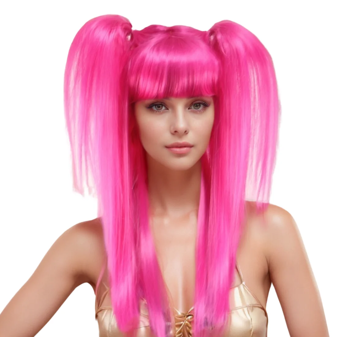 Anxin Brand Synthetic Fiber Wig: Bright Pink with Bangs and High Double Ponytails, Long Straight Hair Style, Smooth and Shiny Hair Strands, Available in Pink/Green; Made of High-Quality Synthetic Fiber Material, Comfortable to Wear and Easy to Care For; a Fashionable Item Suitable for Adult Women's Cosplay Character Recreation, Eye-Catching Party Outfits, and Themed Event Trendy Styles