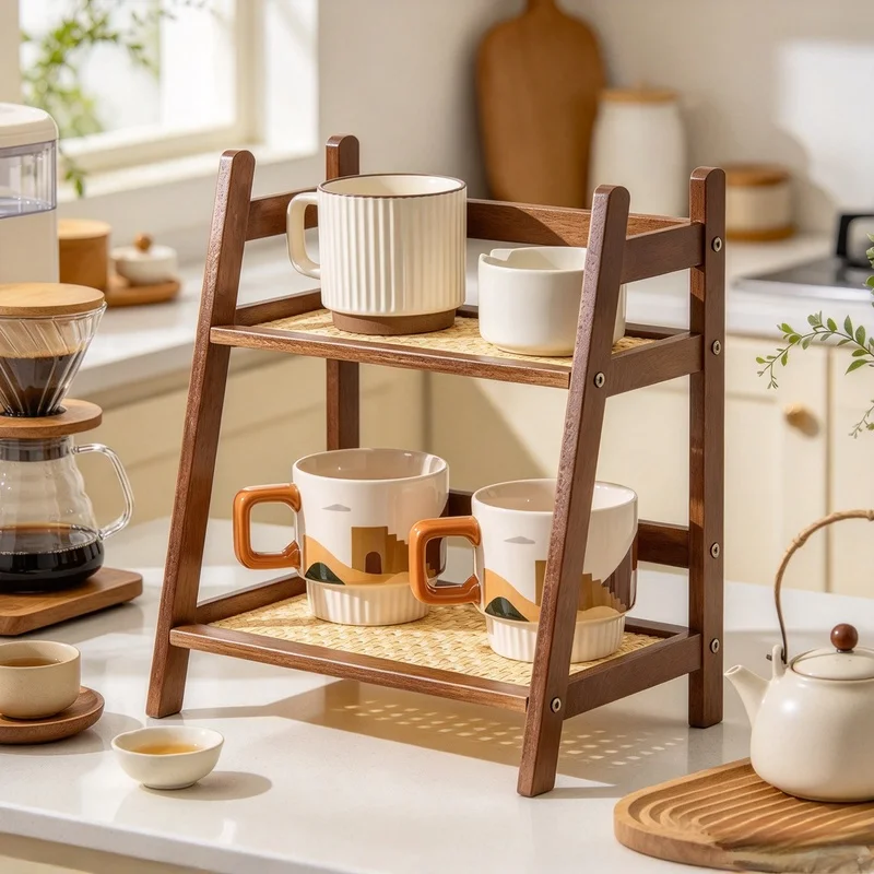 2-Tier Bamboo Coffee Cup Holder, Multipurpose Counter Storage Rack for Kitchen Dressing Table Hotel Apartment