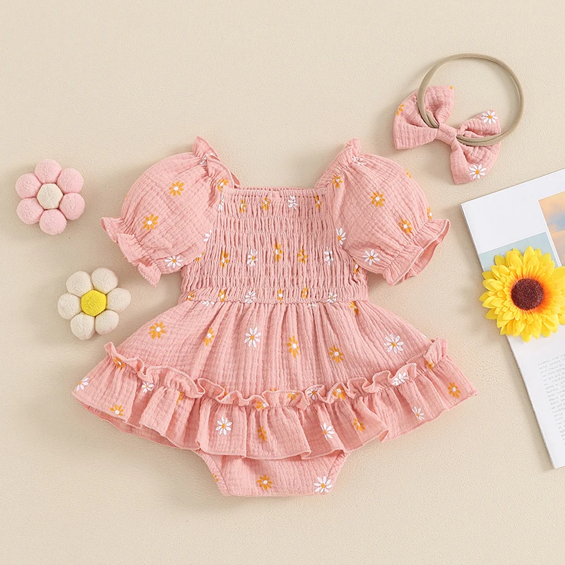 

Baby Girls Daisy Romper Dress Short Sleeve Bodysuit Floral Jumpsuit with Headband Newborn Summer Outfit