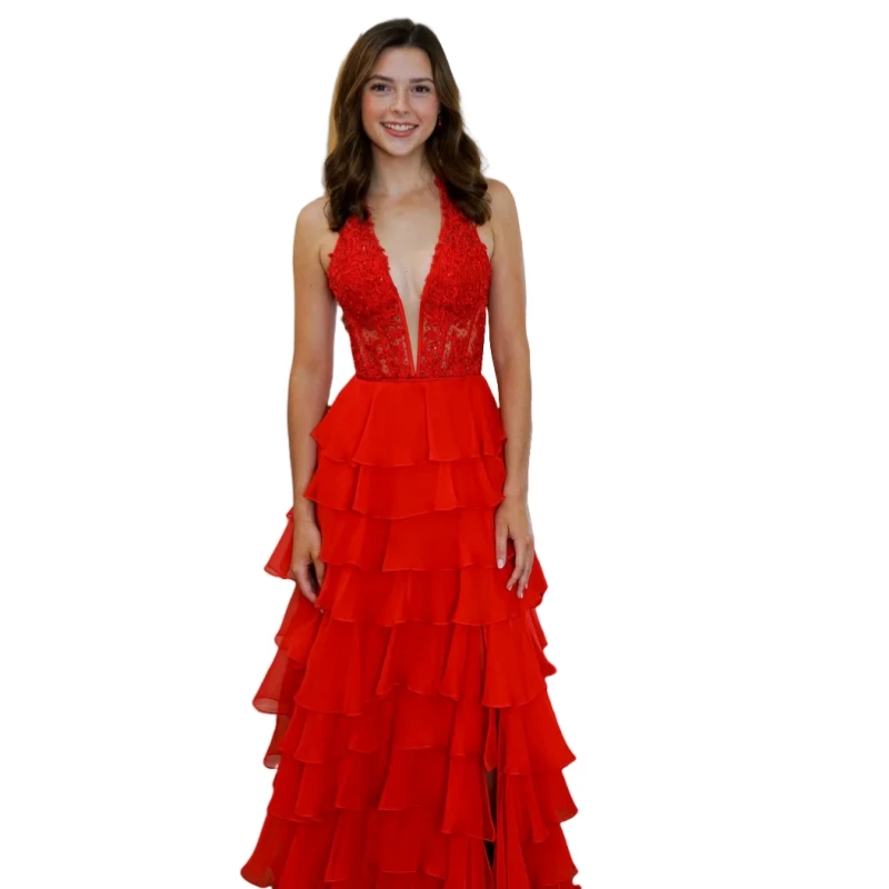 فستان حفلة موسيقية طويل من الشيفون مع شق مخصص باللون الأحمر على شكل حرف a ثوب مسائي بدون ظهر مثير لحفلات أعياد الميلاد