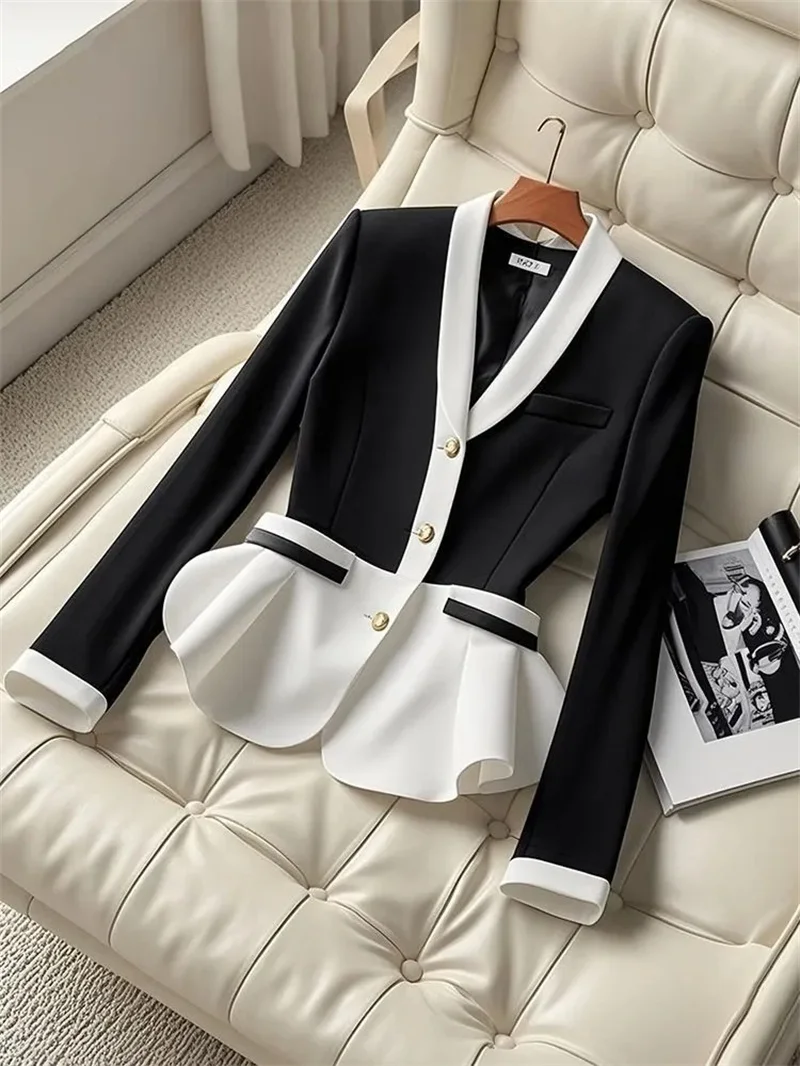 Xiaoxiangfeng High-End Luxury Contrasting Color Waist Cinched V-Neck Long Sleeved Small Suit Gentle Socialite Style Suits Jacket