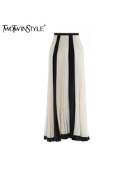 TWOTWINSTYLE Colorblock Patchwork Folds Elegant Chic Skirts For Women High Waist Temperament Loose Skirts Female Fashion Style