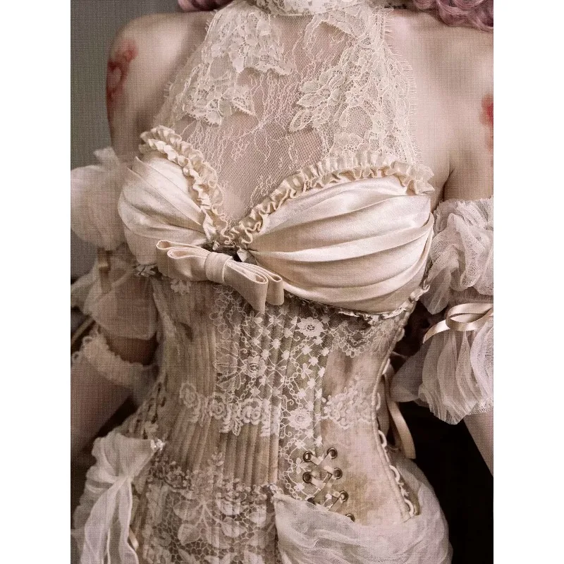 Women Cream Rococo Retro Long Arm Sleeves Lace Up Fishbone Detail Mesh Fingerless Gloves Wedding Party Accessories