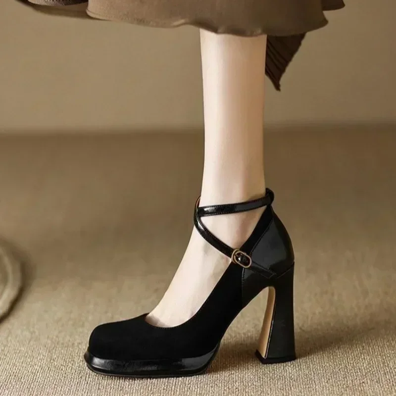 

Shoes for Women Faux Suede Sexy Pumps Ladies Vintage Black Sandals Woman Office Buckle Non-Slip Casual Medium Heels