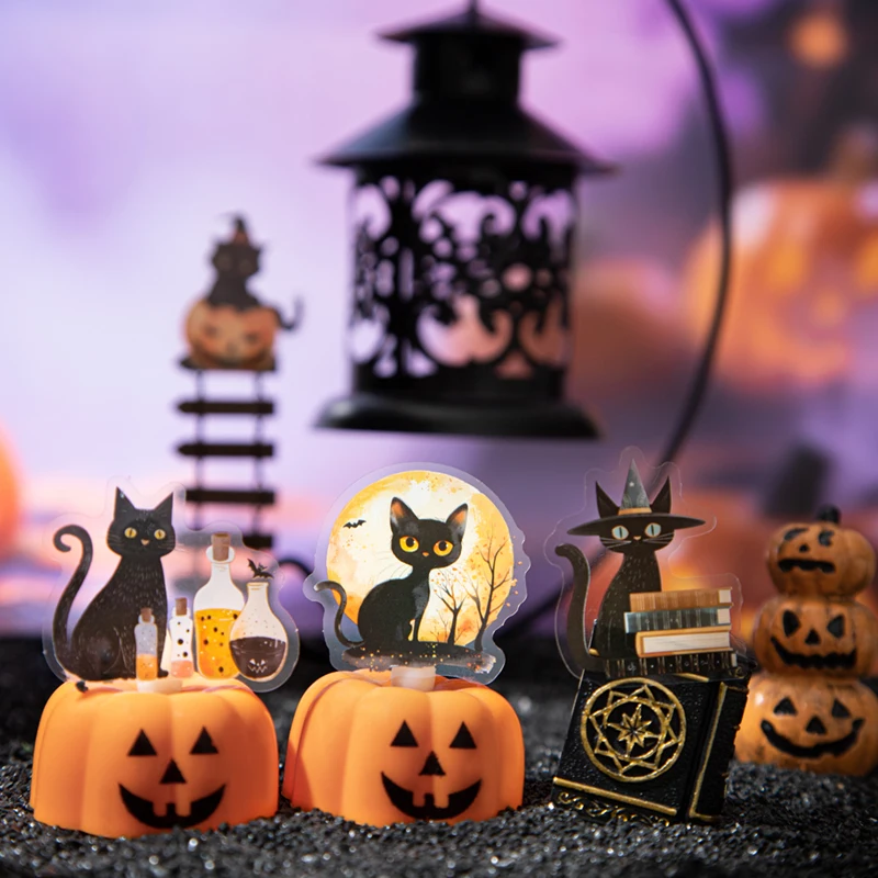 Mr.Paper 2 Packs PET Waterproof Stickers, Black Cat Pumpkin Halloween Diorama Decals for Journal Scrapbooking DIY, Phone Case