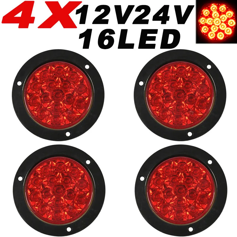 

4X 12V 24V Powerful Round Red 16 LED Tail Lamp Lights Truck Pickup Trailor Turn Signal Brake Reverse Parking Driving Lamp