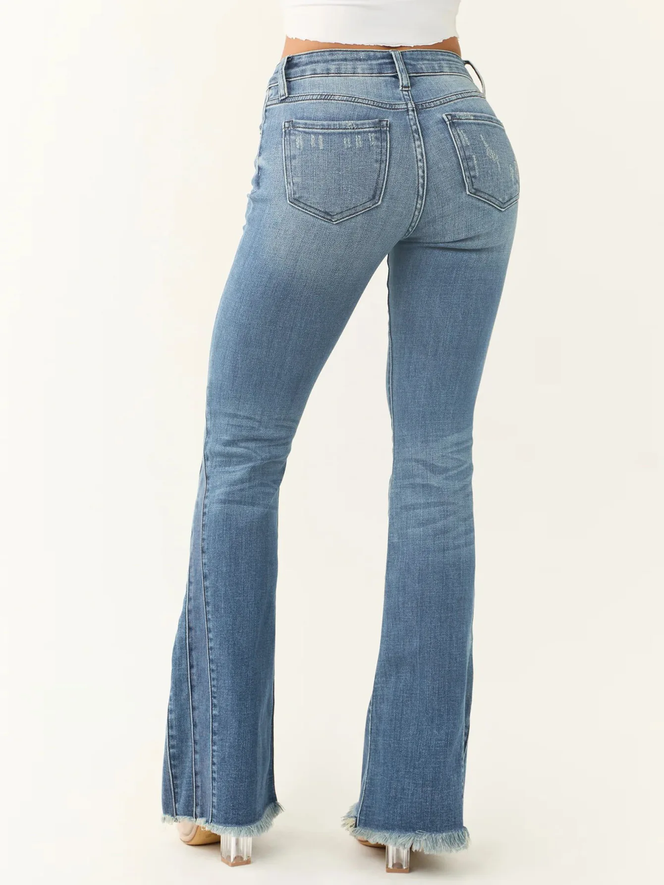 Jeans elasticizzati comodi vintage autunno/inverno, pantaloni leggermente svasati in denim slim fit a vita alta da donna con cimosa ruvida