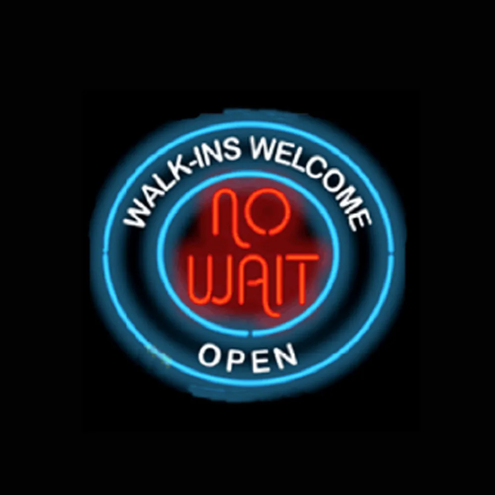 NO WAIT WALK In WELCOME OPEN Neon Sign Light Custom Handmade Real Glass Tube Store Fast Food Advertise Room Decor Display 19X19