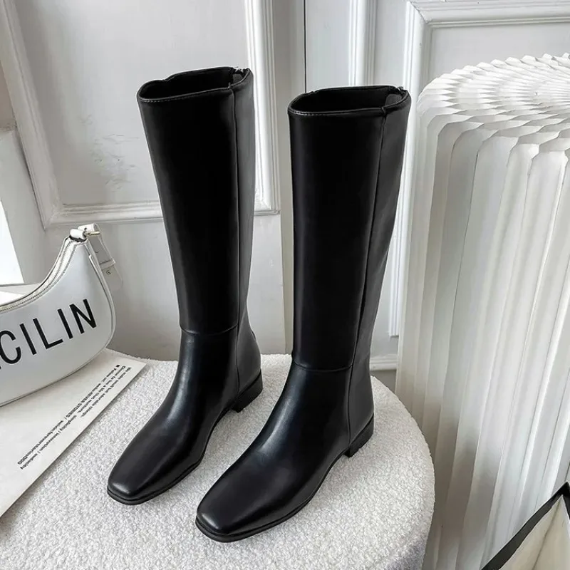 Zimowe buty do kolan damskie buty Pu skórzane czarne zachodnie wysokie długie Chelsea Boots damskie 2023 nowe trendy Botas Mujer