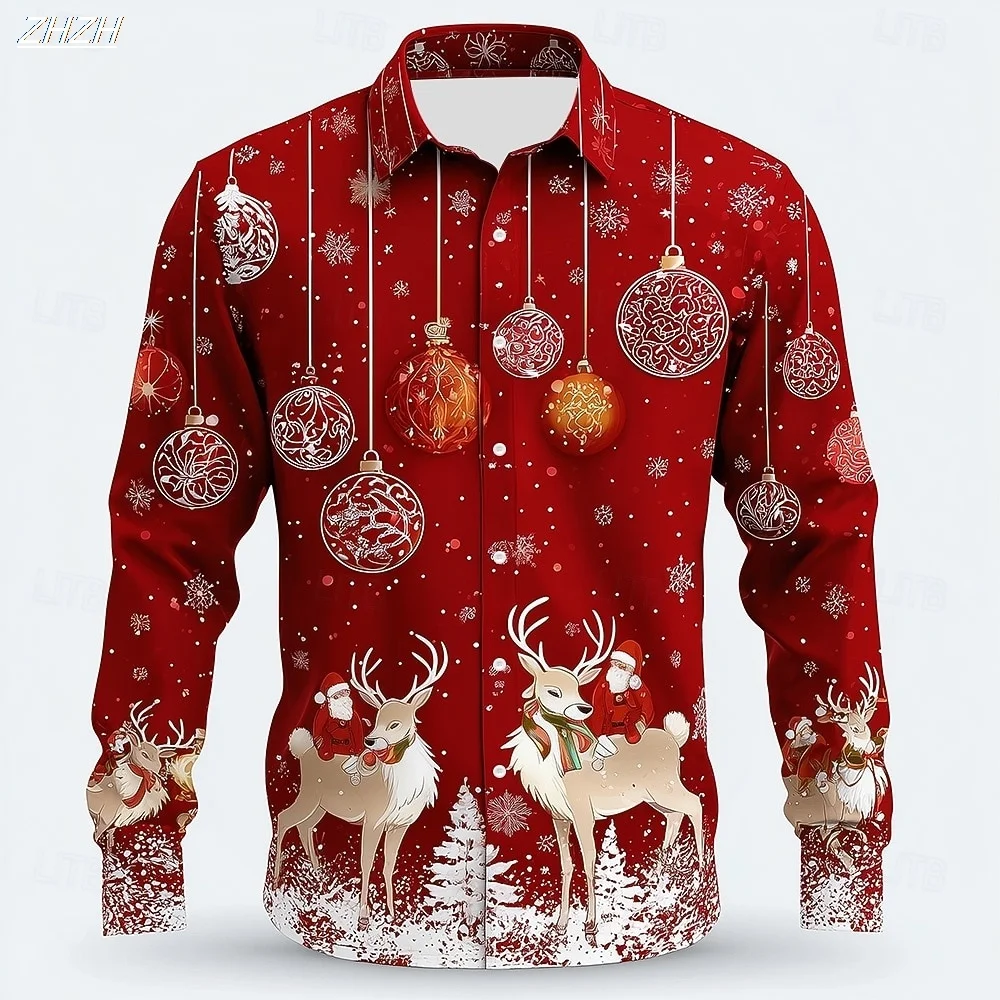 

Christmas Men's Santa Claus Christmas Bell Shirt Button Shirt Long Sleeve Holiday Autumn 3D Print Lapel Shirt Red Men Clothing