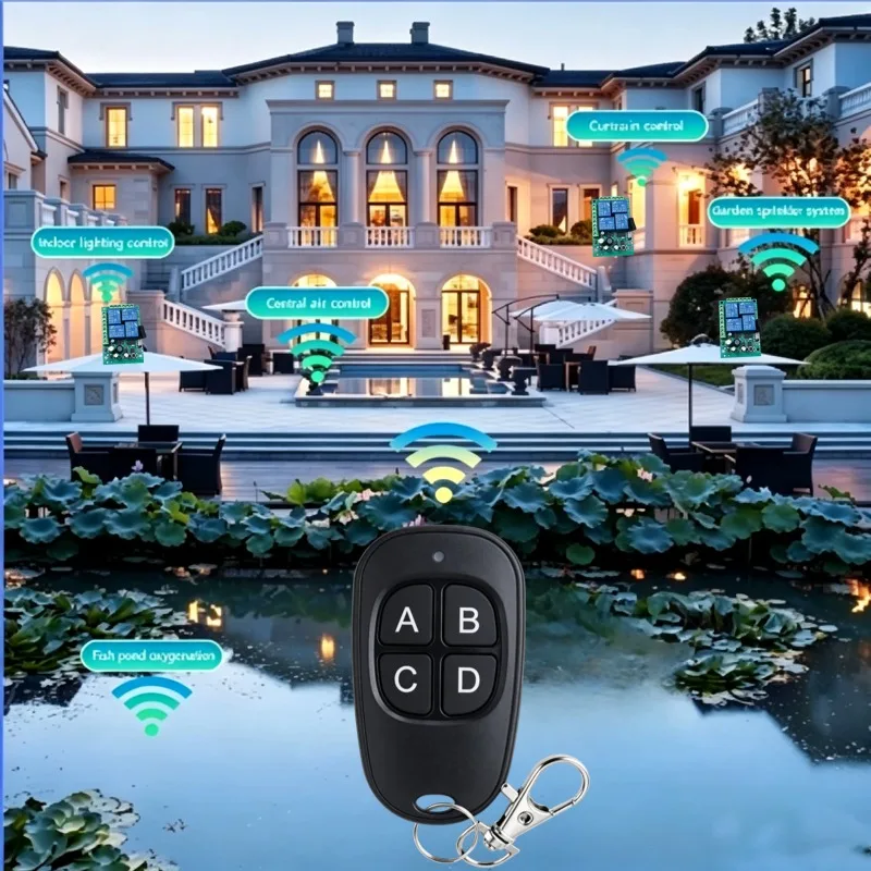AC85V–256V 10A relay switch, equipped with a 433MHz 4-channel wireless remote control receiver and a 4-button transmitter
