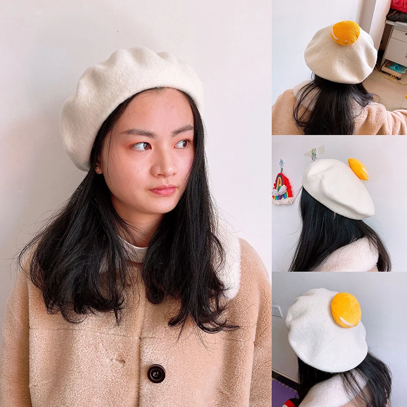 Women Cute Hats Yolk Handmade Wool Felt Painter Creative Parent-child Hat Cute Child Baby Poached Egg Beret Fashion Ladies Cap