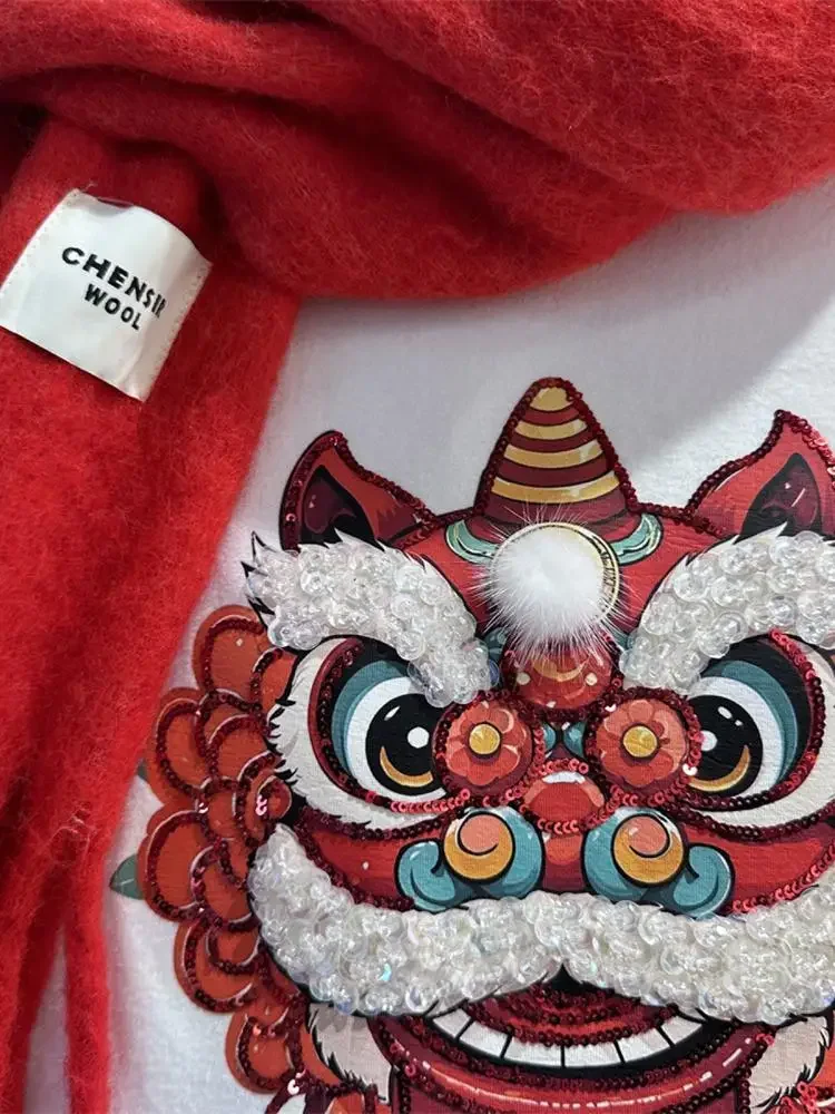 Chinese Style Cartoon Retro Top 2025 New Heavy Industry Lion Dancing Bottoming Shirt Loose Mid Length Short Sleeve T-shirt Women