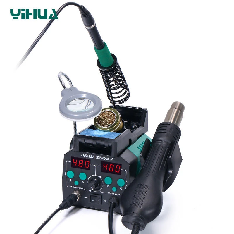 YIHUA 938BD-III 775W 2 in 1 T12 Soldering Station Hot Air Rework Station with LED Lamp Dual Digital Display