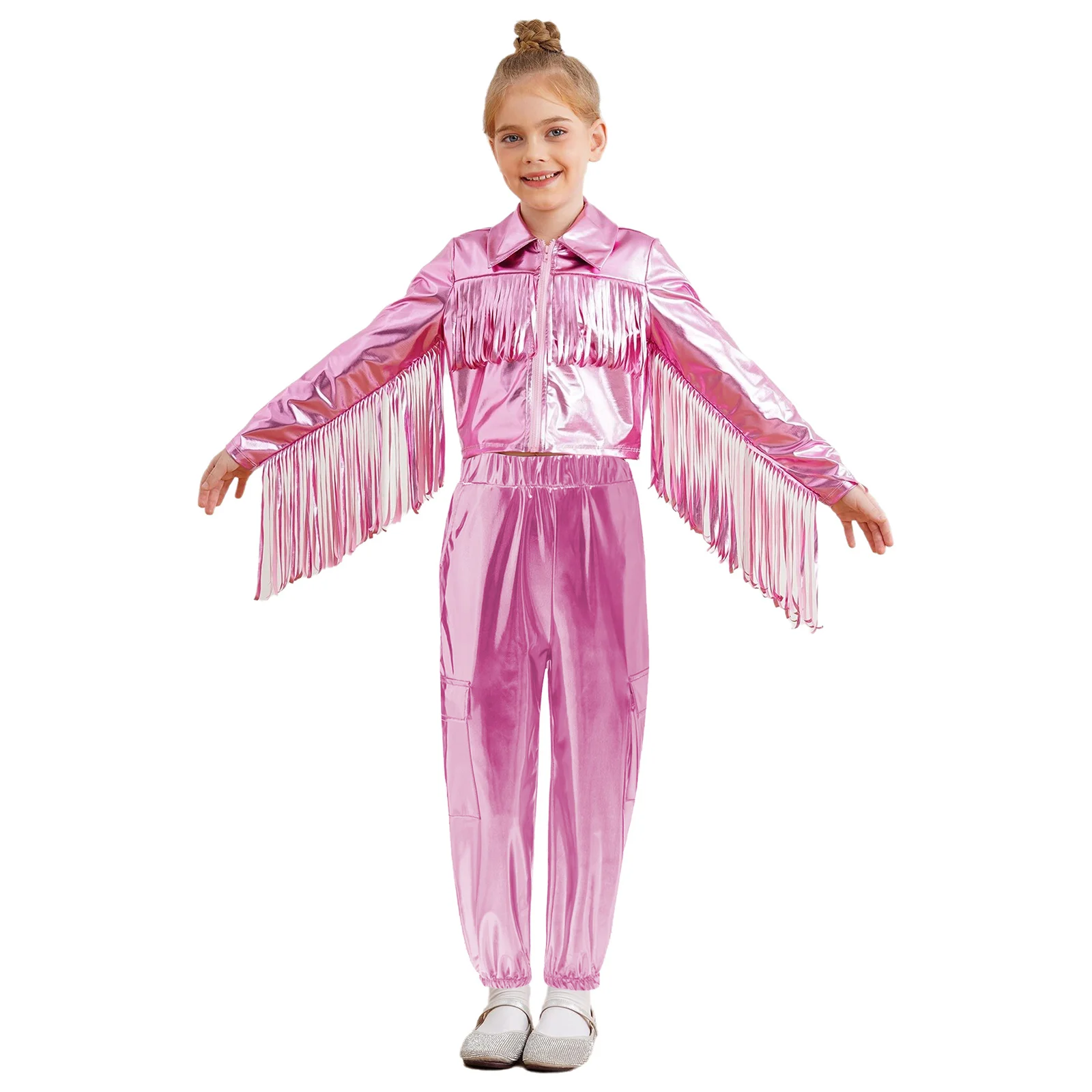 Kids Girls Tassels Metallic Disco Dance Outfit Turn-Down Collar Long Sleeve Zipper Jacket Coat+Cargo Pants Hip-Hop Streetwear