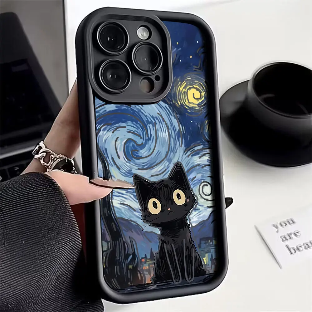 Céu estrelado gato preto caso de telefone para iphone 16 15 14 13 12 11 pro max mini xr xs x 7 8 plus macio tpu capa traseira com alça de mão