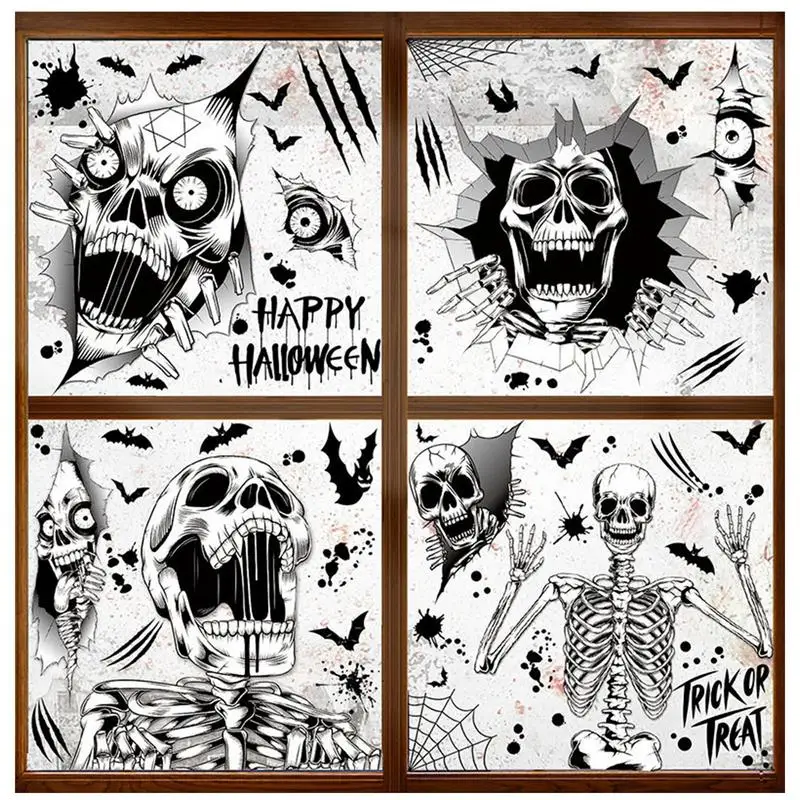 Halloween Static Stickers 4pcs Scary Waterproof Static Decals Waterproof High-Definition Printing Decoration Supplies For Tile