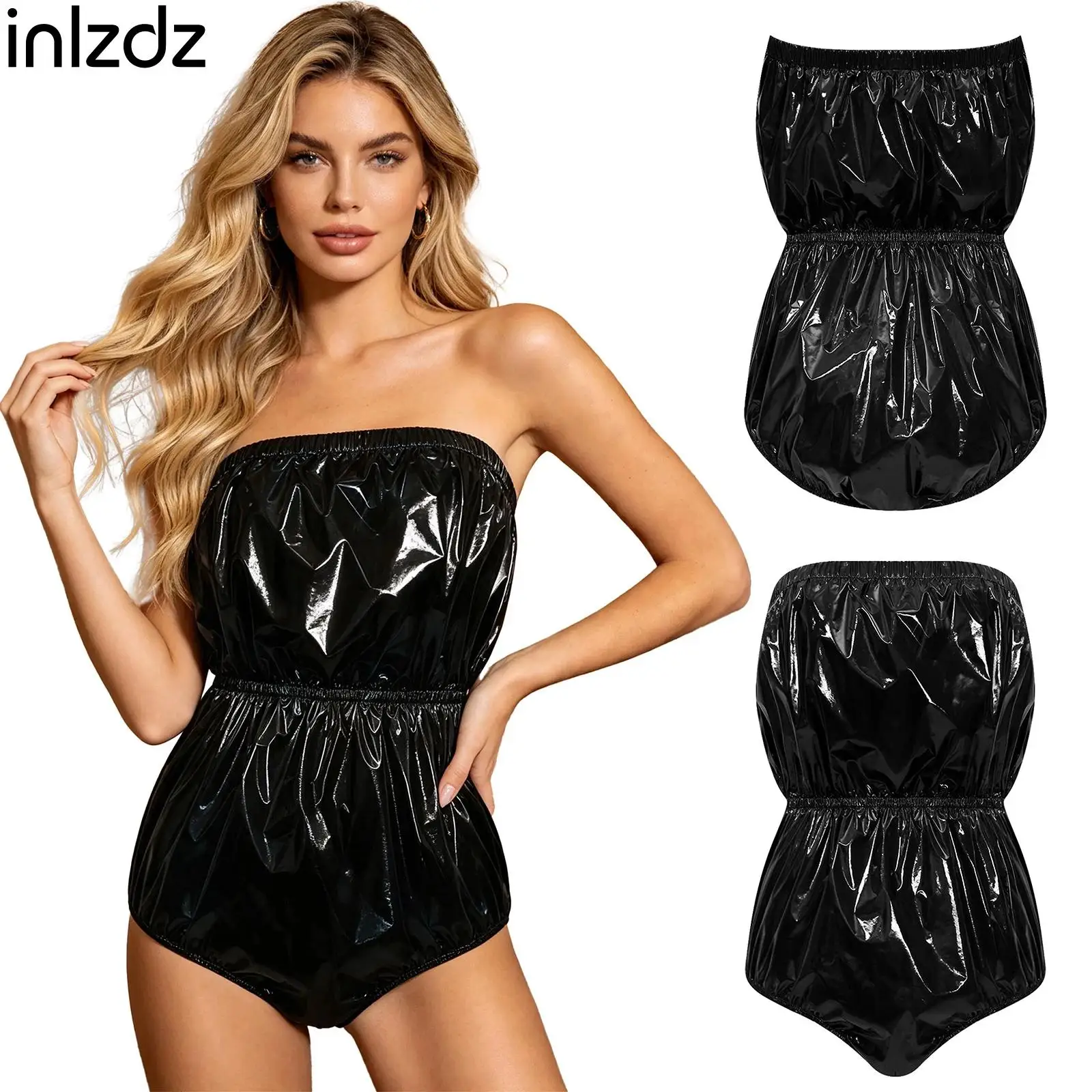 Elastic Band High Cut Waterproof Bodysuit for Women Strapless Glossy Romper Swimwear Clubwear Adaptive Leotard for Pole Dancing