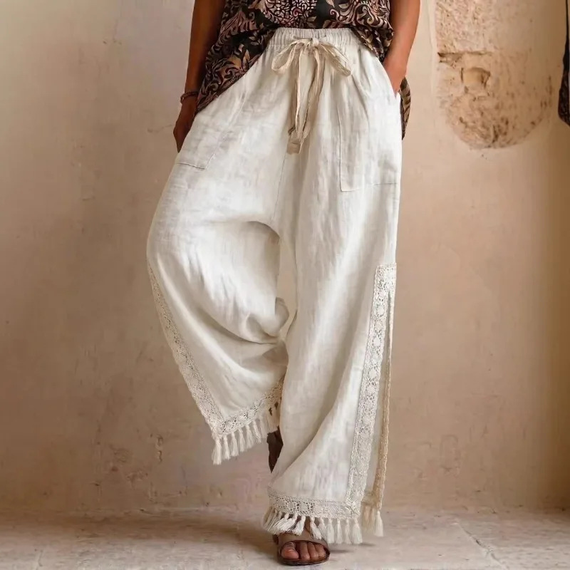 2026 Spring and Summer Cotton and Linen Side Split Lace Fringed Bohemian Vacation Style Wide-leg Pants
