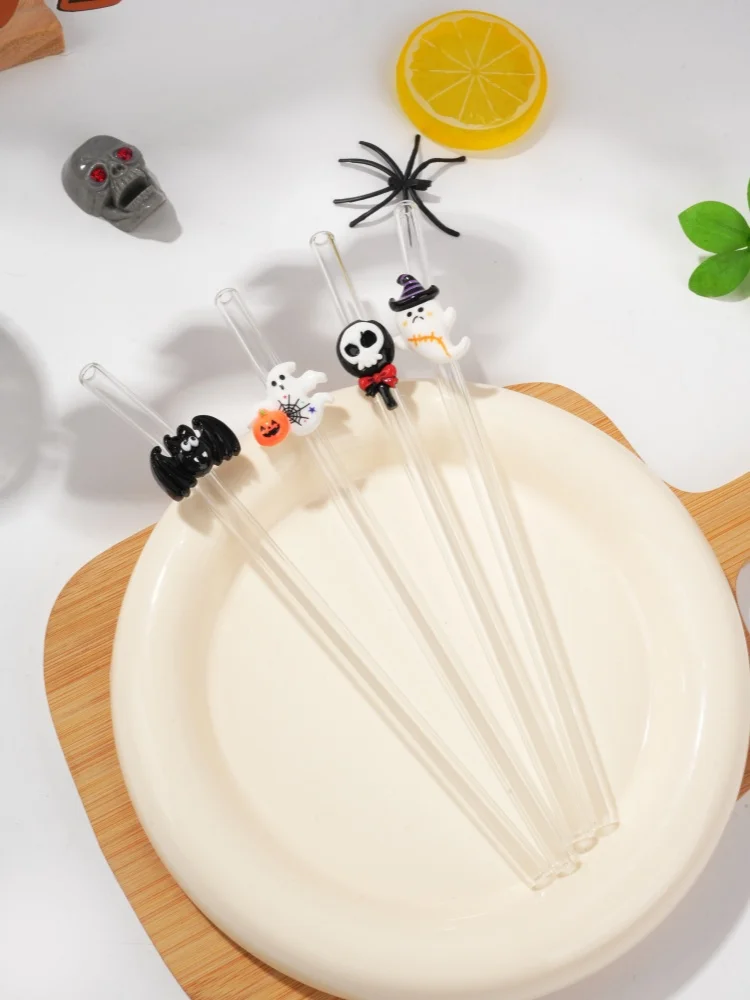 3/4PCS Halloween Glass Straw with Skull Bat Ghost Decor, Spooky Table Ornament for All Hot Cold Drinks & Parties