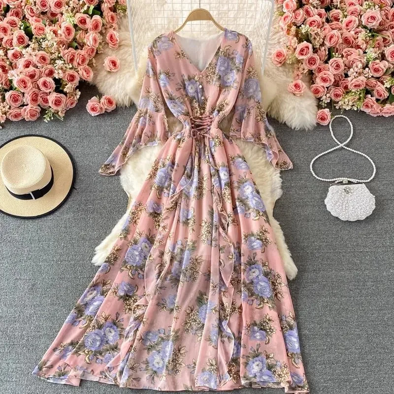 2024 Summer Women Long Dresses V-neck Bohemian Casual High Waist Beach Woman Chiffon Dresses Floral Vestidoes Maxi Dress