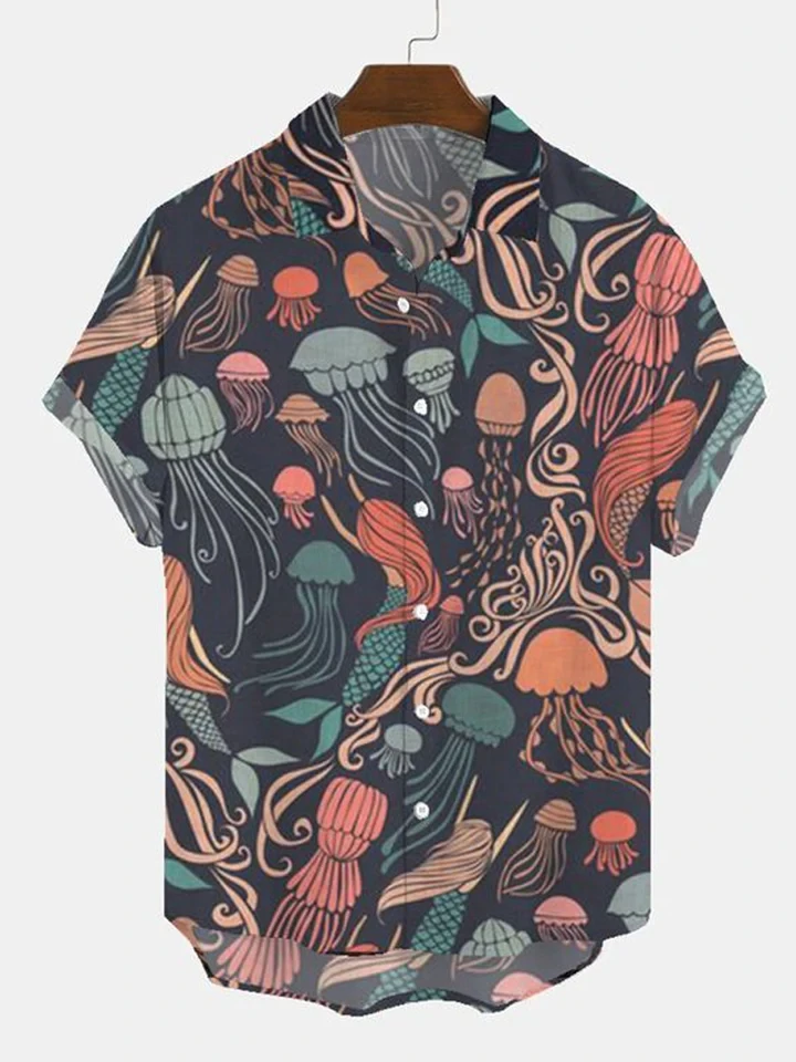 Fashionable Men's Casual Marine Creature Pattern Short Sleeved Shirt Top, Men's Casual Hawaiian Shirt