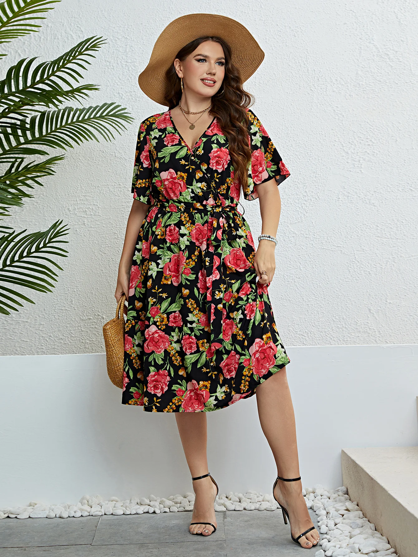 Della Mel Plus Size Floral Print V-Neck Butterfly Sleeve Belted Dress Women Summer Vacation Boho Beach A-line Midi Dresses 2023