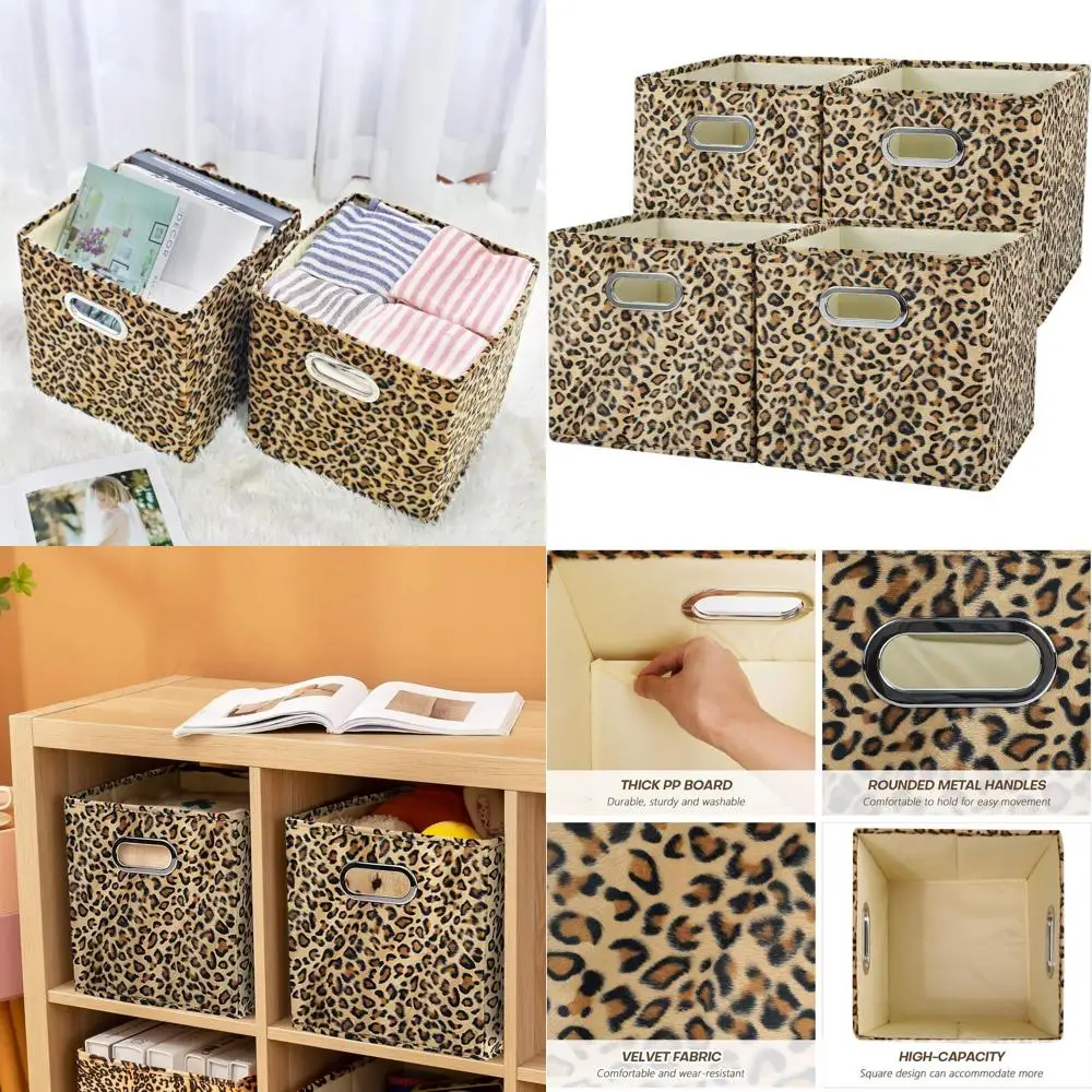 

Collapsible 11x11x11 Velvet Leopard Print Storage Cubes with Handles for Organizing and Storing on Shelves