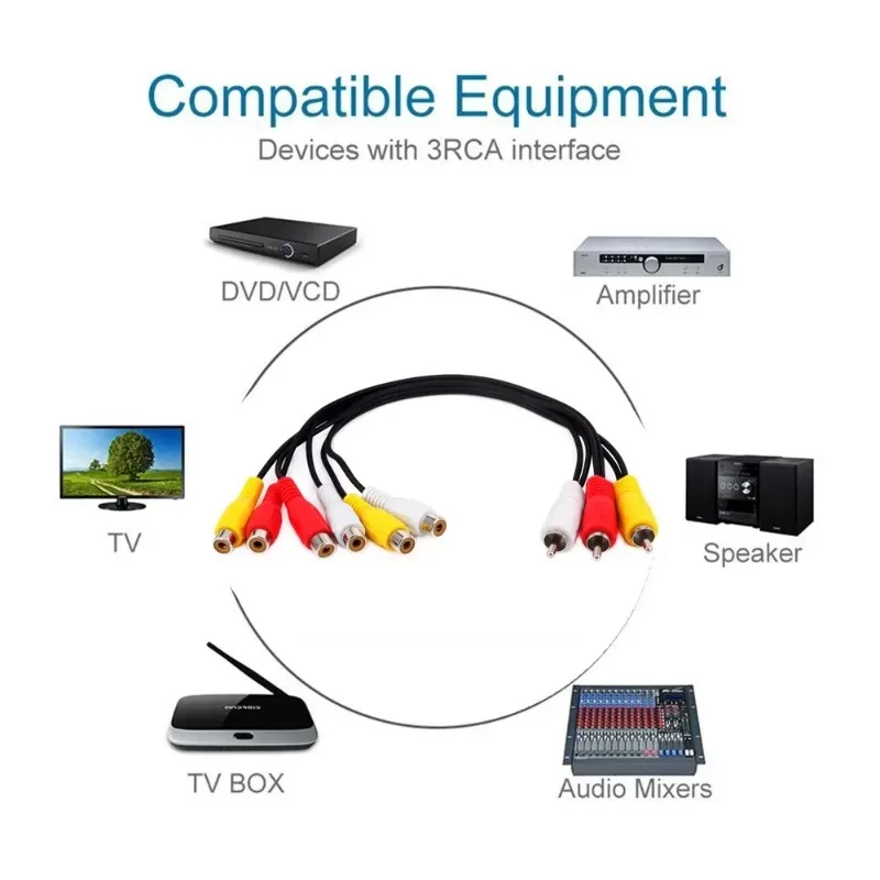 Audio Video AV Adapter Cable for TV DVD Player Splitter HD-TV RCA 3 to 6 Male Female Plug