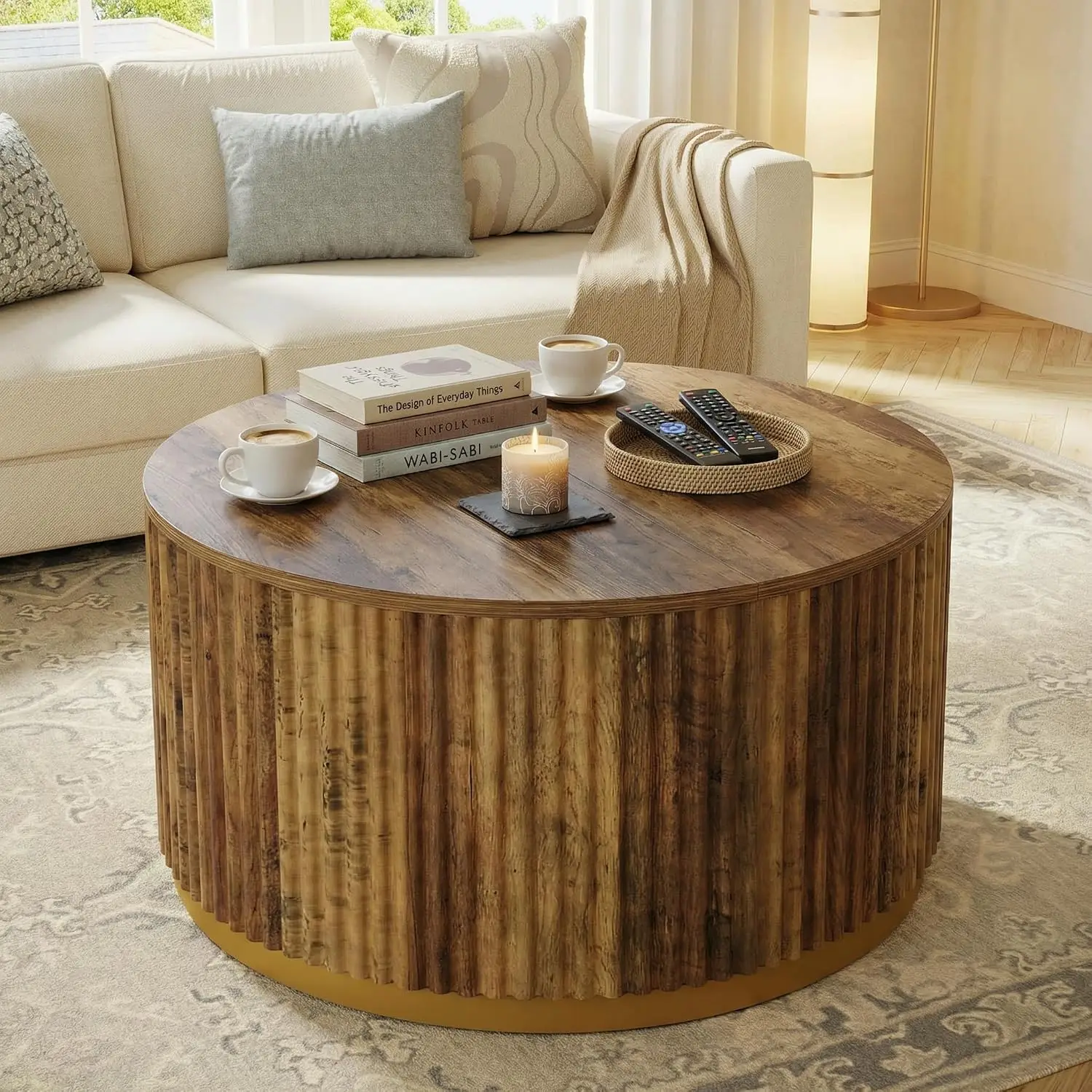 31.5 Inch Round Coffee Table, Fluted Wood Center Table with Stable Drum Base, Rustic Brown Accent Table for Living Room Small Apartment Office Decor