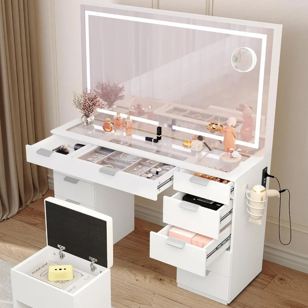 Vanity Desk Set with Large LED Lighted Mirror & Power Outlet, Glass Top Vanity with 11 Drawers and Magnifying Glass, 46