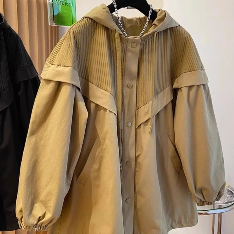 2024 New Pleated Splicing Hooded Trench Coat Jacket Thin Khaki Shirt  Women Windbreaker with Hood Ladies Spring Coat oversized