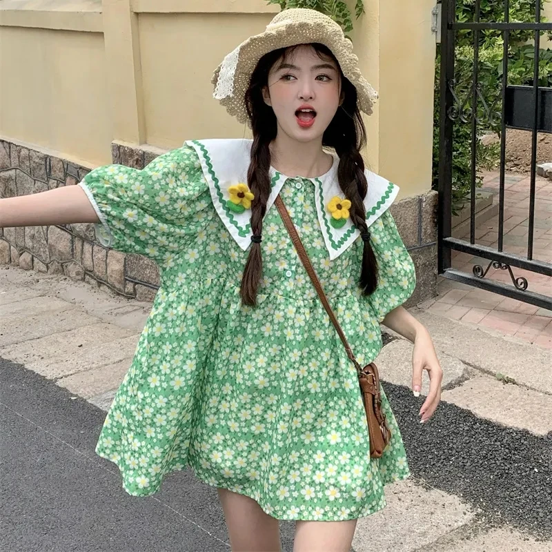 Plus Size 5XL 140KG Summer Short Sleeve Green Floral Dress for Women High Waist Maxi Flower Dresses Big Collar Sweet Dress