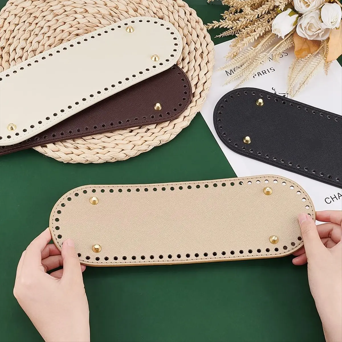 ABQR 4Pcs Bag Bottom Base Pads, 4 Colors Oval Crochet Bag Bottom PU Leather Bottom Shaper Pad 10x4.7inch
