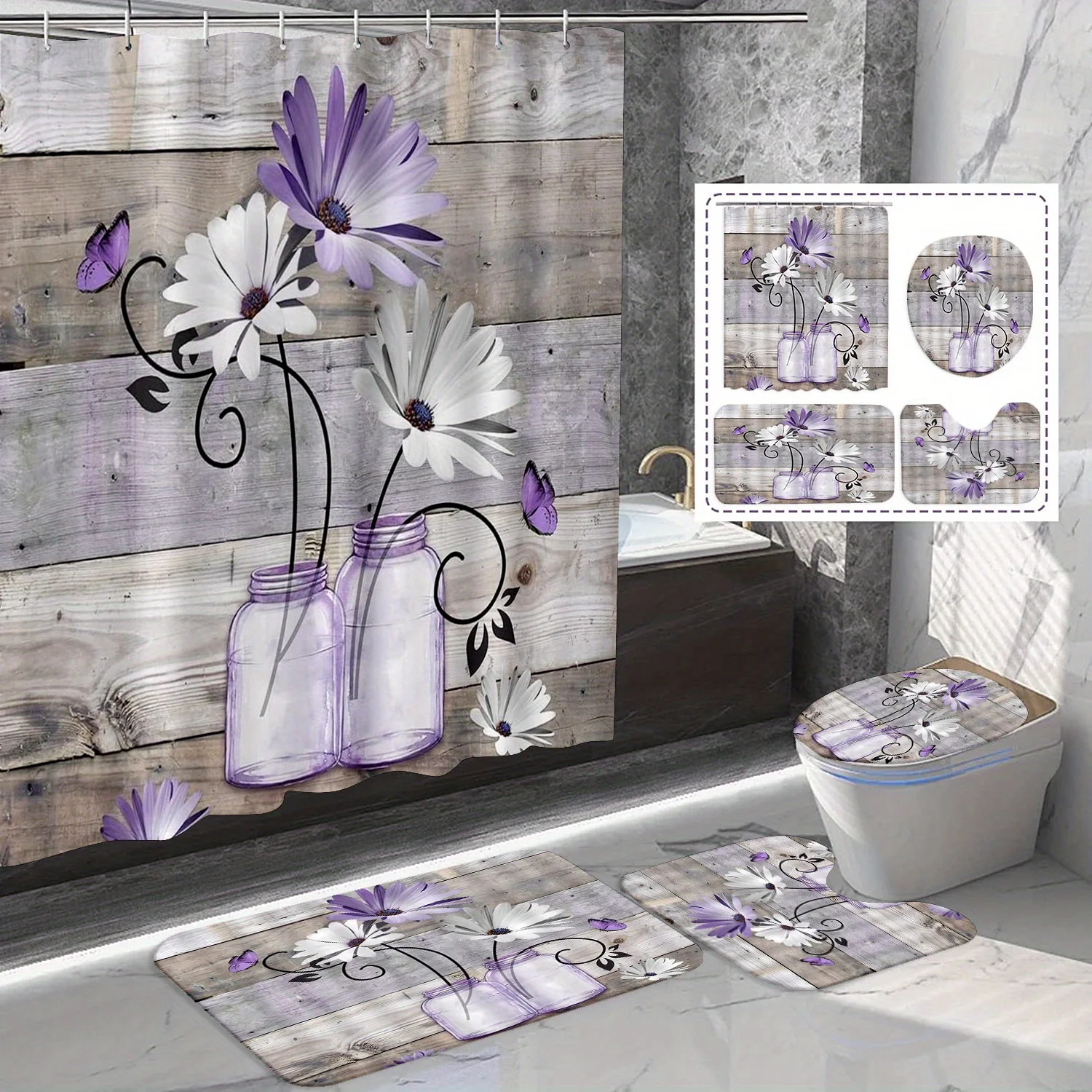 

Украшение ванной комнаты из 4 предметов в дизайне фиолетовой ромашки, включая занавеску для душа, нескользящий коврик для ванной, чехол на сиденье унитаза, U-образный коврик