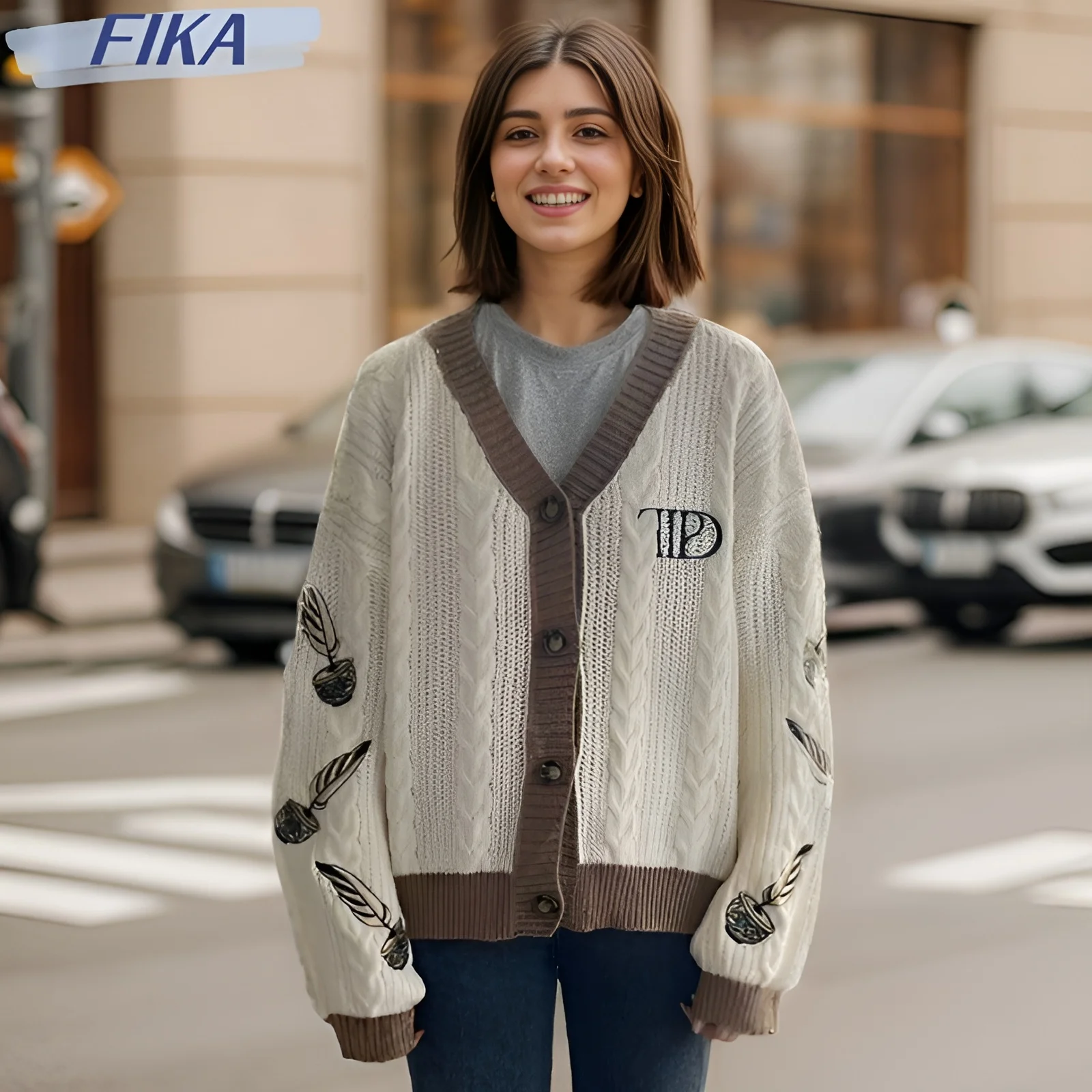 Cardigan à fleurs brodées pour femmes, cardigan beige, coupe régulière, haute qualité, Y2K, tendance automne, 2024