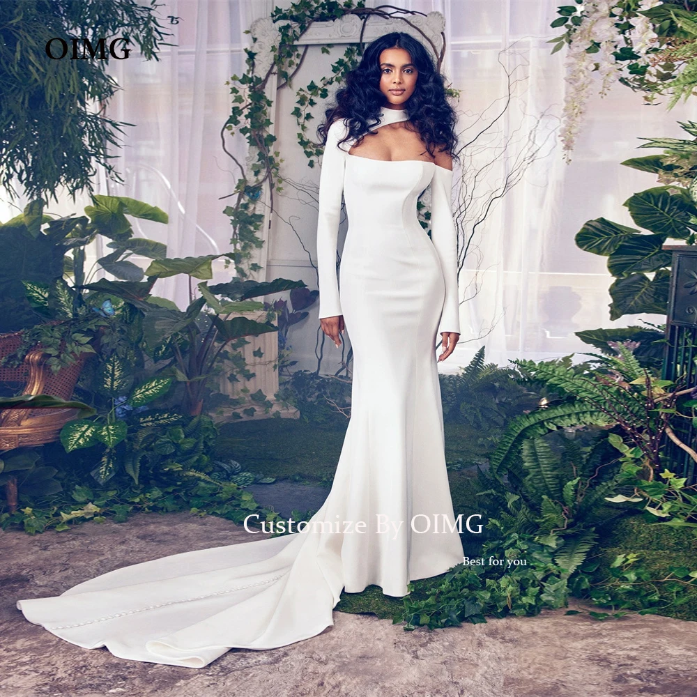 

OIMG Sexy High Neck Mermaid Full Sleeves Wedding Dresses Long Princess Beads Bridal Gowns Modern Beach Vestido de noiva 2023