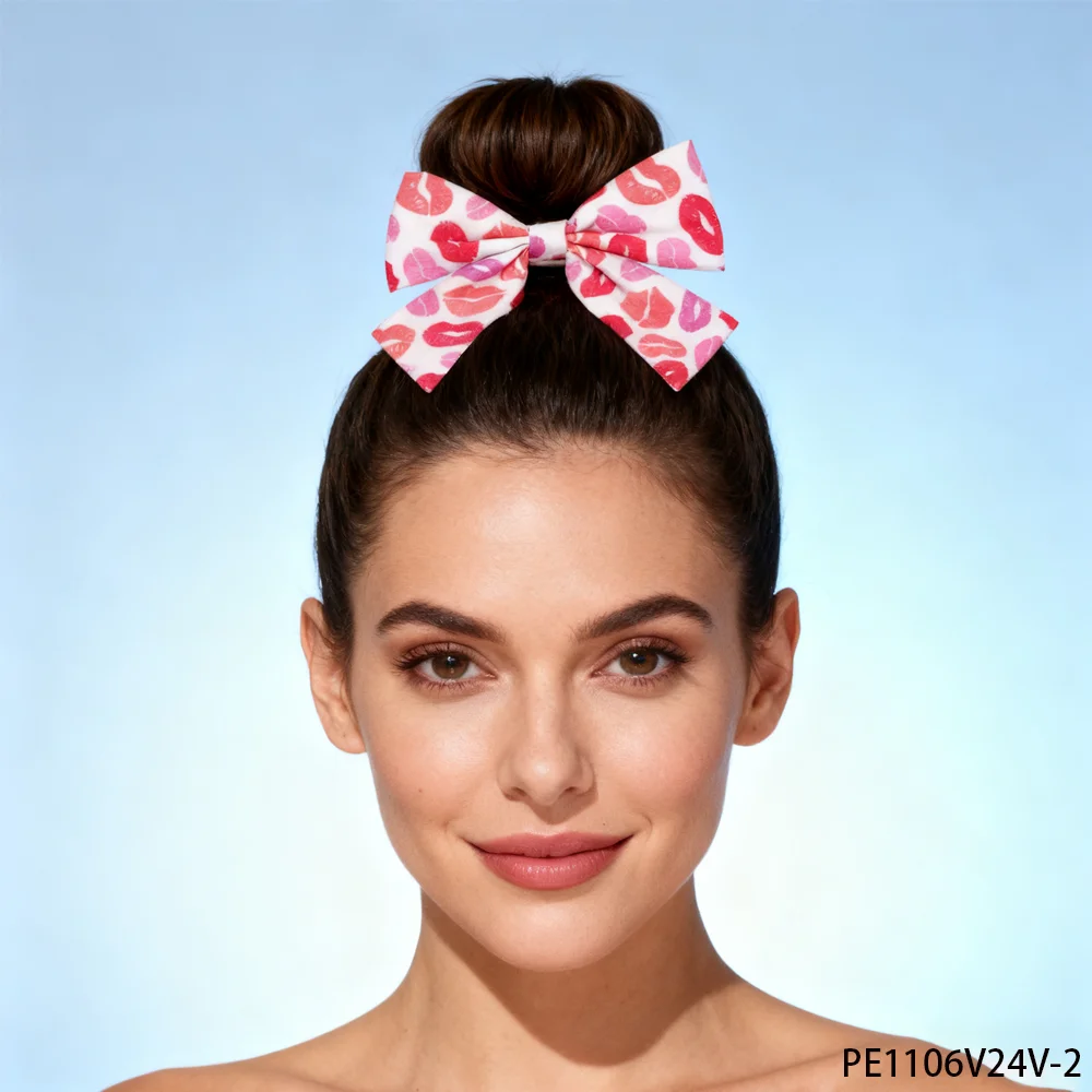 PESENAR  This hair accessory is a pink and white bow style printed with a romantic lipstick pattern suitable for Valentine's Day