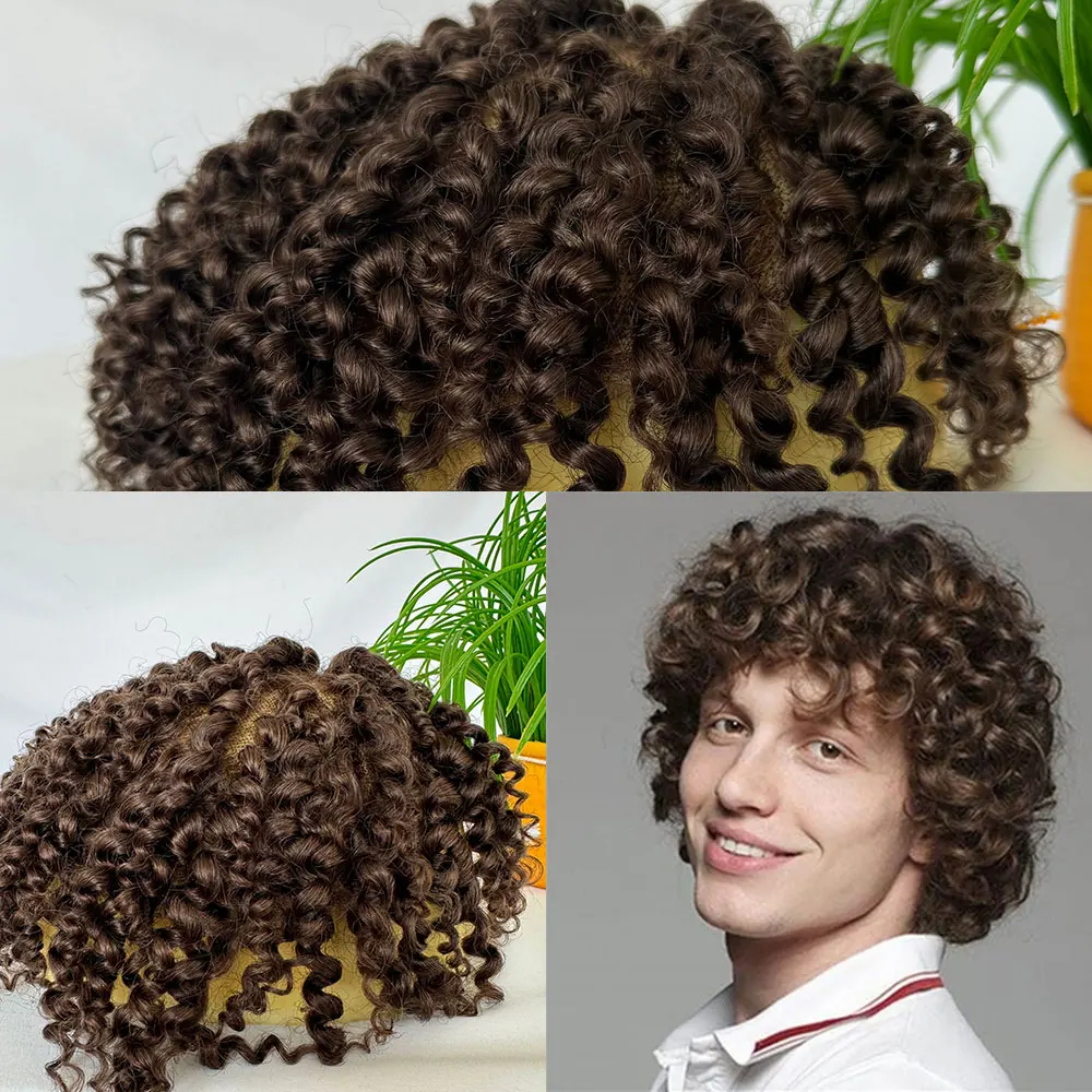 Heren Toupetje Krullend Menselijk Haar Pruiken Vervanging Full Zwitserse Kant Toupetje Haar Stuk Voor Zwarte Mannen Pruik 10X8Inch Bruin #4 Kleur